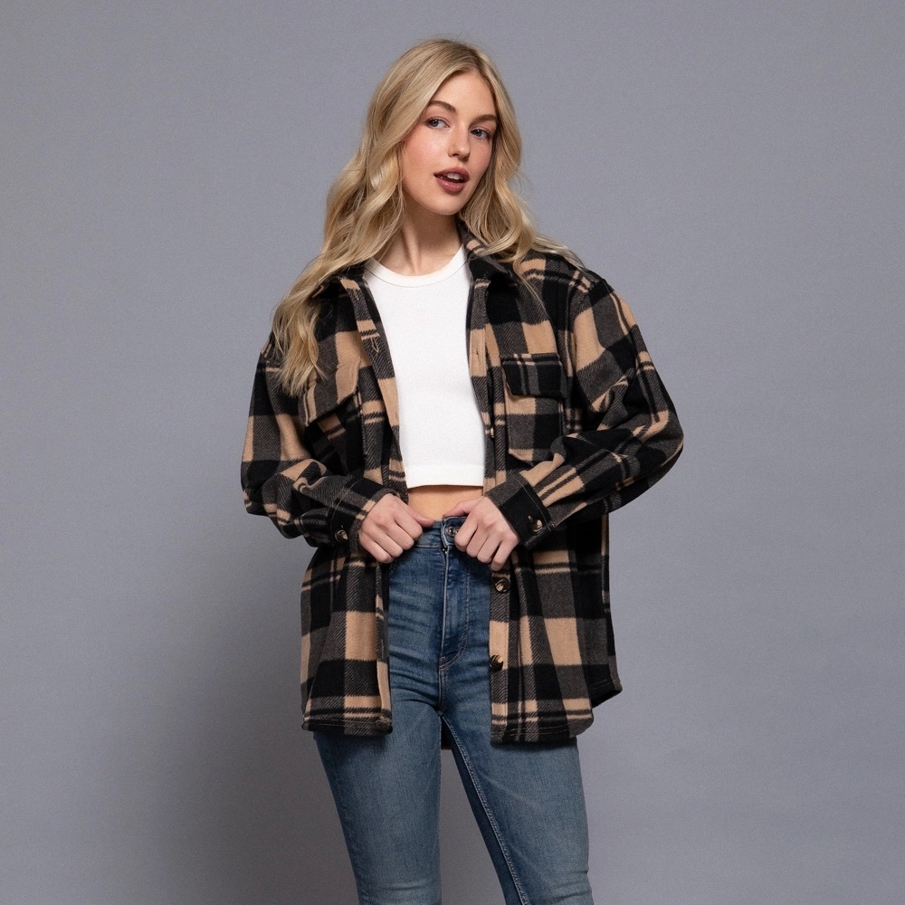 Active Basic Long Sleeve Check Printed Fleece Shacket in Taupe